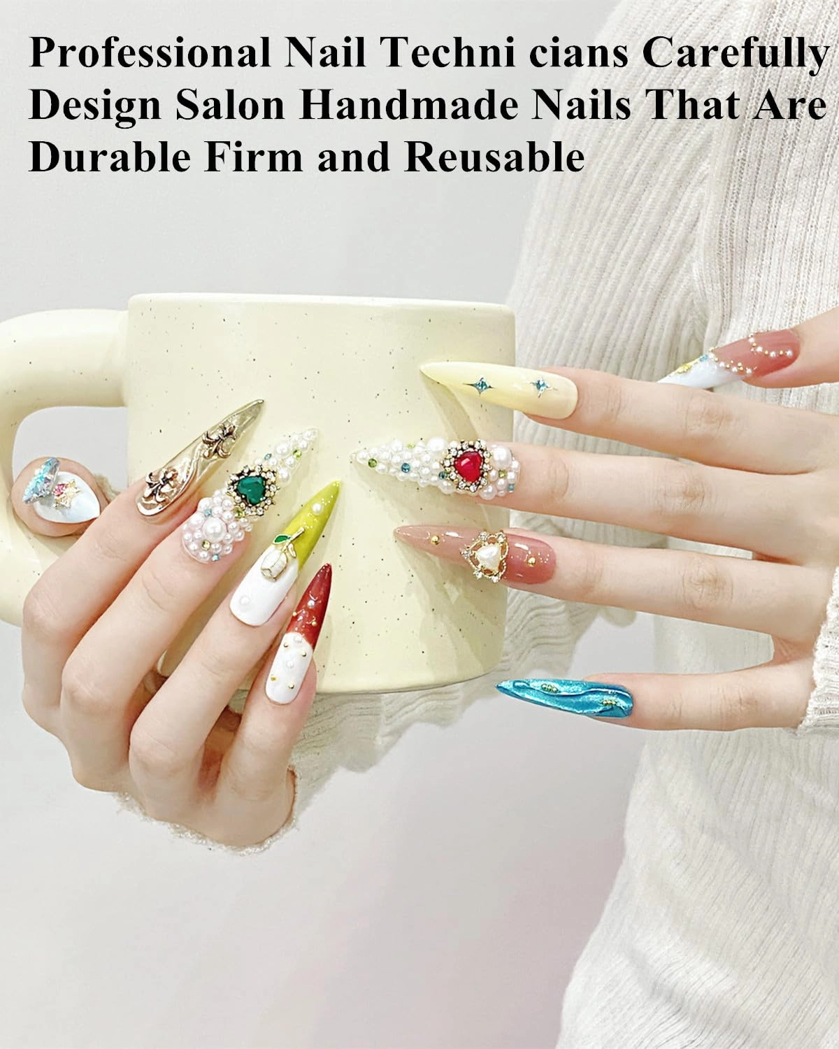 Press on Nails Handmade Nails Luxury Reusable Fake Nails Extra long Almond Tip Mixed Color Blue Diamonds HandPainted Loveful Design Acrylic GelUV Finished For Women 3DNails 10PCS(A025, L)