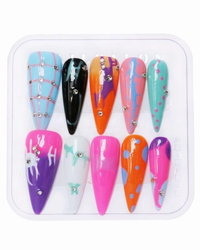 Press on Nails Handmade Nails Luxury Reusable Fake Nails For Girls long Almond armor Tip Colorful Pink Diamonds HandPainted Salon Loveful Design Acrylic GelUV Finished 3D Nails 10PCS(A023, M)
