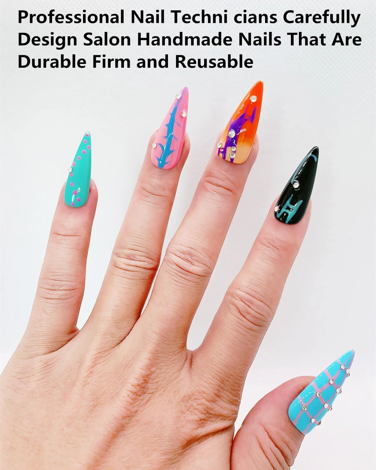 Press on Nails Handmade Nails Luxury Reusable Fake Nails For Girls long Almond armor Tip Colorful Pink Diamonds HandPainted Salon Loveful Design Acrylic GelUV Finished 3D Nails 10PCS(A023, M)