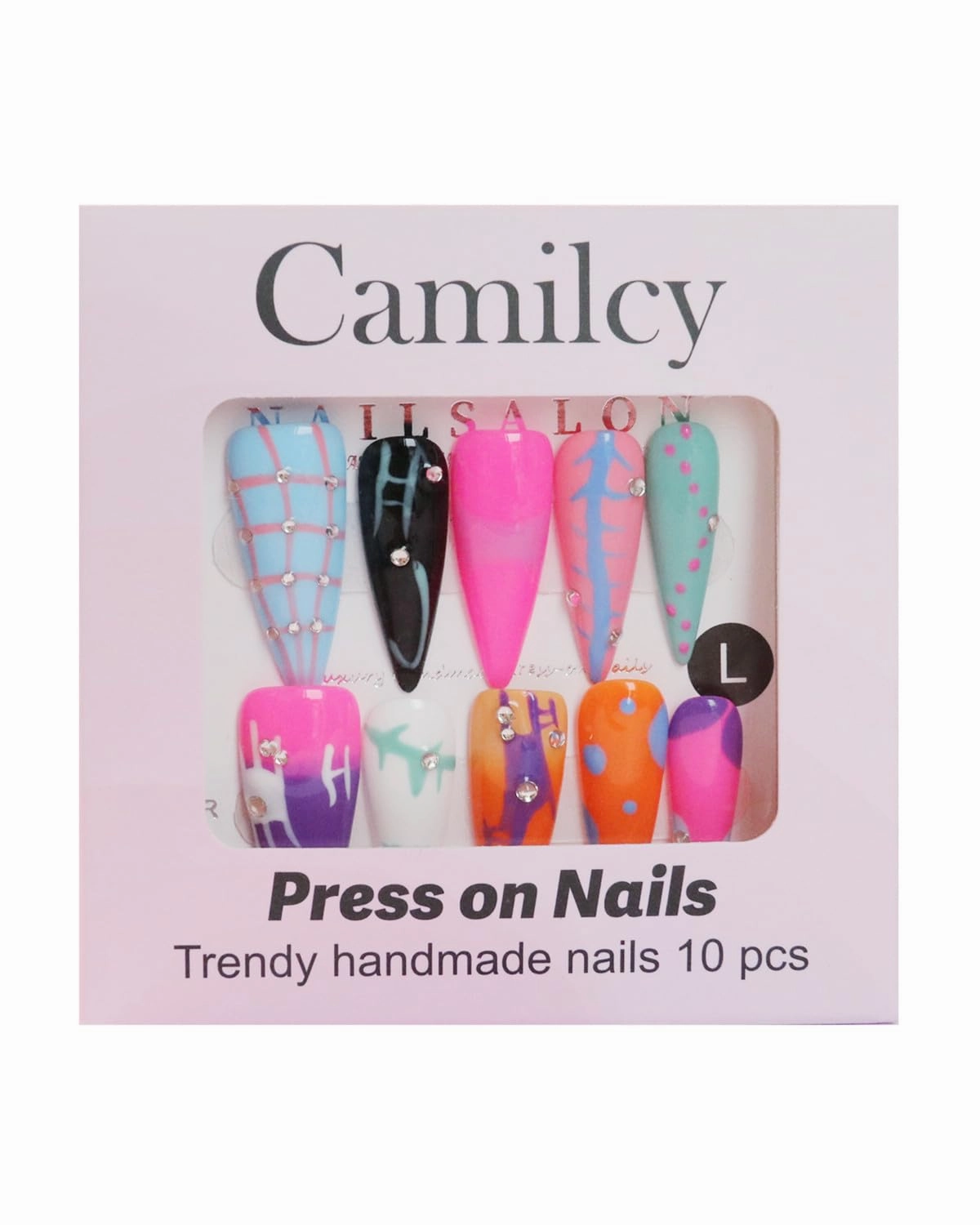 Press on Nails Handmade Nails Luxury Reusable Fake Nails For Girls long Almond armor Tip Colorful Pink Diamonds HandPainted Salon Loveful Design Acrylic GelUV Finished 3D Nails 10PCS(A023, M)