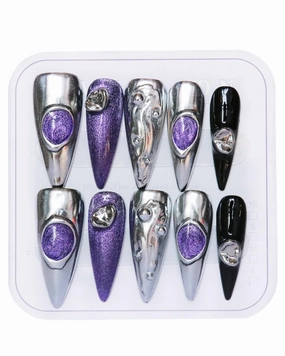 Press on Nails Handmade Nails Luxury Reusable Fake Nails For Girls long Almond Armor Tip Purple Silver Diamonds HandPainted Salon Loveful Design Acrylic GelUV Finished 3D Nails10PCS (A63, L)