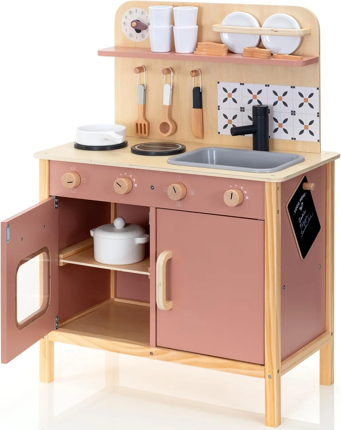 Pretend Play Kitchen Sets Kids Ages 3 4 5  - Children Indoor Kitchen Playsets & Cooking Toys - Complete Wooden Toddlers Interactive Toys - Boy & Girl Kids Kitchen Play Set with Accessories