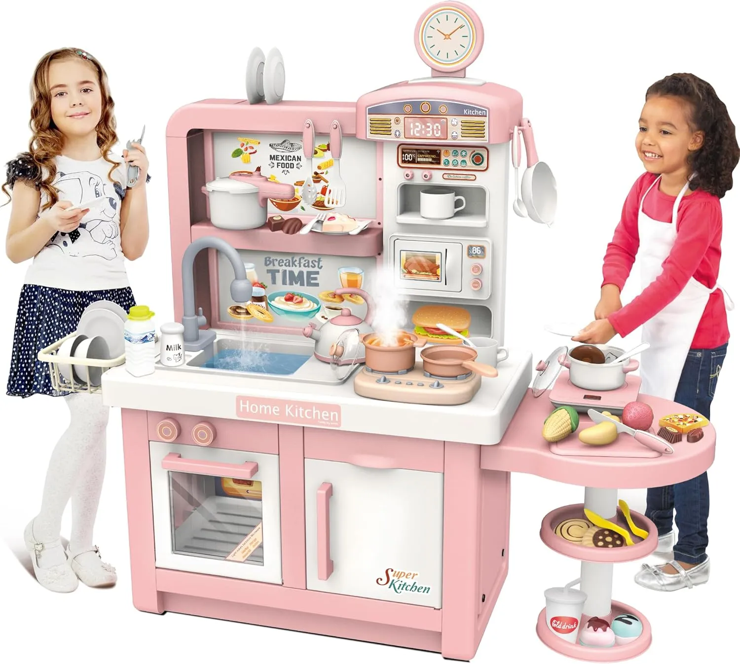 Pretend Play Kitchen Toy Set for Kids, Interactive Playset with Lights and Sounds, for Toddlers 3  Years Old, 49 Piece Toy Accessory Set with Cooking Stove, Sink, Play Food, Realistic - Pink