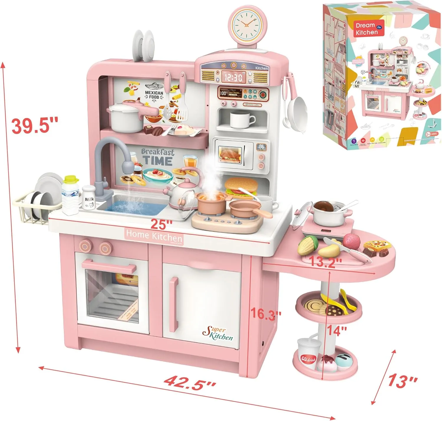 Pretend Play Kitchen Toy Set for Kids, Interactive Playset with Lights and Sounds, for Toddlers 3  Years Old, 49 Piece Toy Accessory Set with Cooking Stove, Sink, Play Food, Realistic - Pink