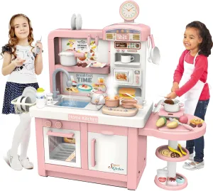 Pretend Play Kitchen Toy Set for Kids, Interactive Playset with Lights and Sounds, for Toddlers 3  Years Old, 49 Piece Toy Accessory Set with Cooking Stove, Sink, Play Food, Realistic - Pink