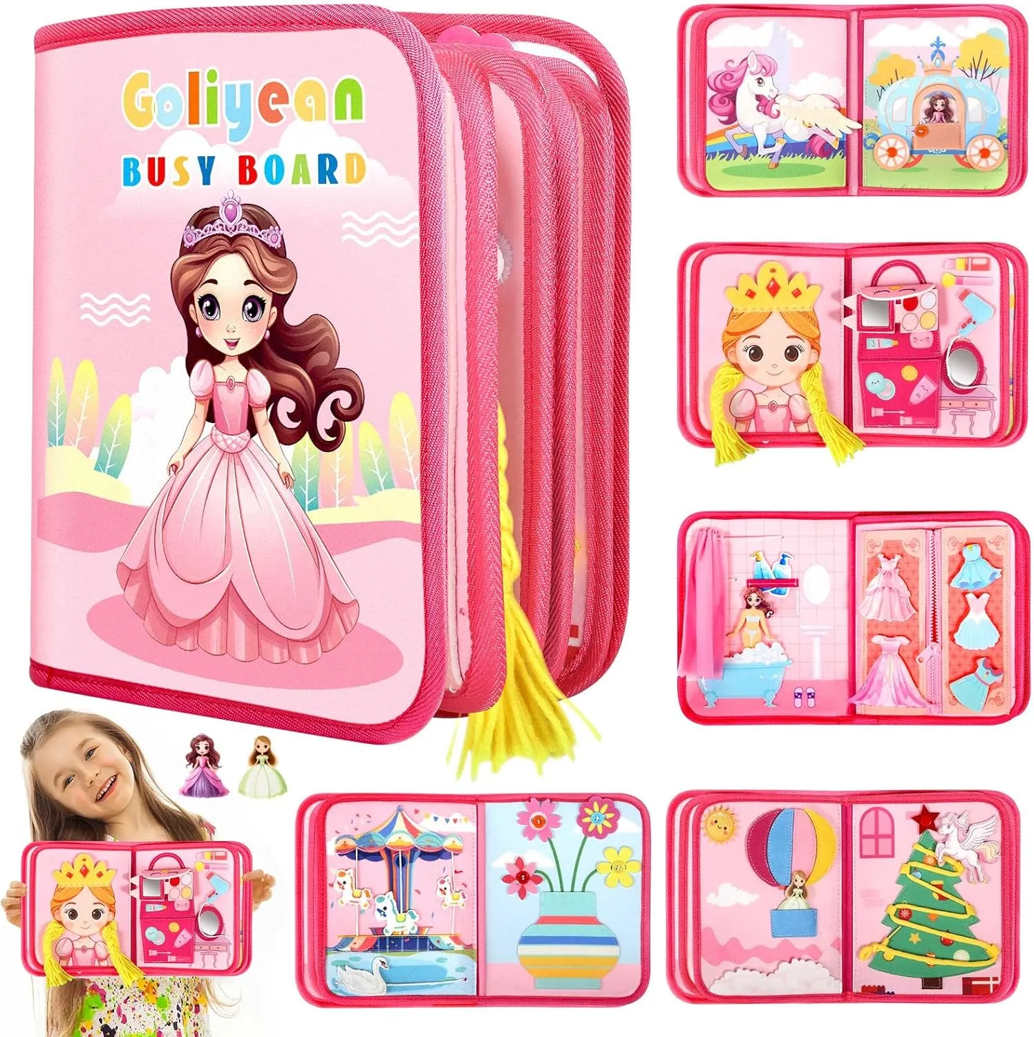 Princess Busy Book for Toddlers 1-3, Busy Board Montessori Toys for 1-3 Year Old Girl Birthday Gift, Educational Felt Quiet Activity Book for Toddler 1-3, Travel Toys for Ages 2-4