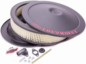 ProForm Air Cleaner Assembly, Classic, 14 in Round, 3 in Element, 5-1/8 in Carb Flange, Drop Base, Red Chevrolet Logo, Steel, Black Crinkle, Kit