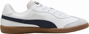 Puma King 21 Men's Indoor Soccer Shoes - Classic Style with Modern Functionality, Soft Leather Upper, Rubber Outsole for Ultimate Grip (White/Navy/Silver, US Footwear Size System, Adult, Men, Numeric, Medium, 10.5)