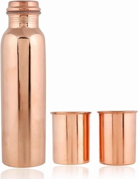Pure Copper Water Plai Bottle With 2 Glasses (900 Ml Bottle   2 Glass 300 Ml, Set Of 3, (Plain)