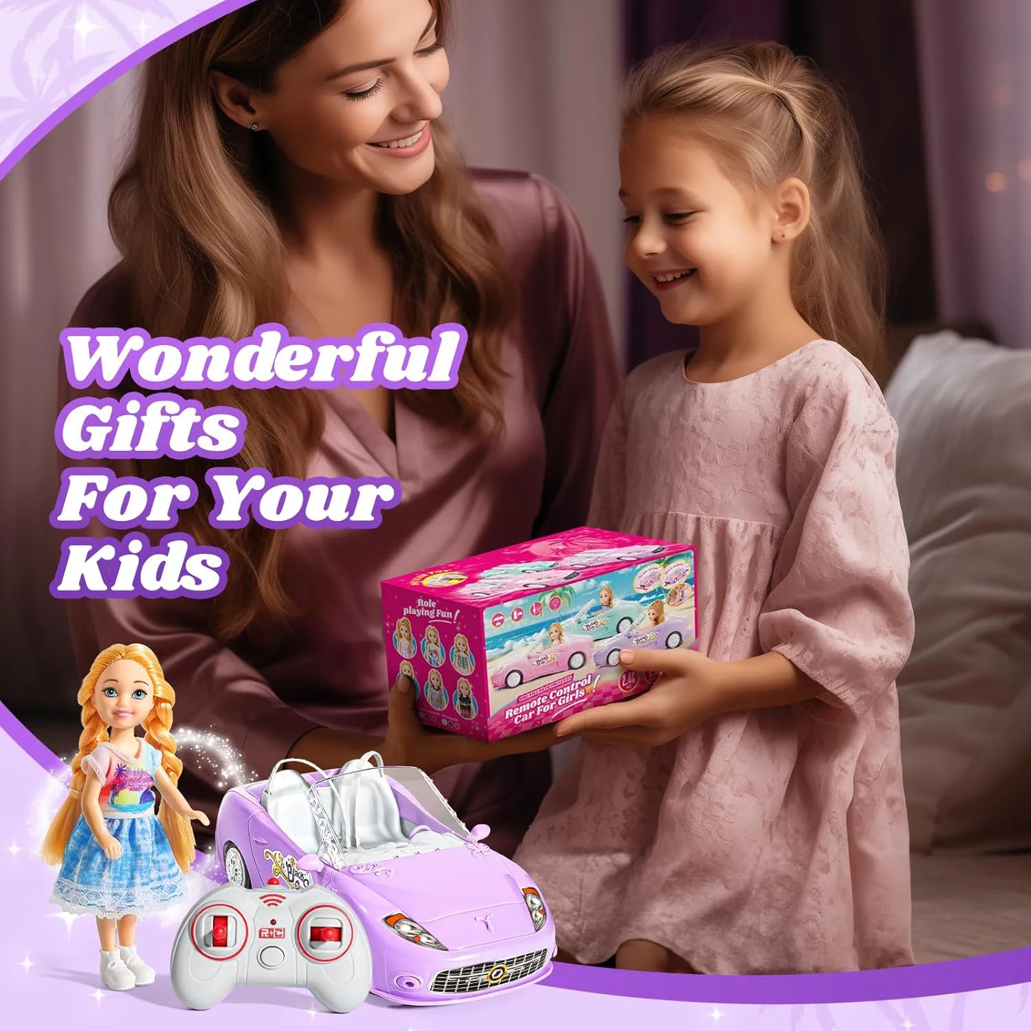Purple Remote Control Car for Girls, 1:18 Scale RC Cars with LED Light, 2.4 GHZ Purple Truck Toy with 100 Min Long-Lasting Rechargeable Batteries, Gifts for Boys Girls Aged 4-7