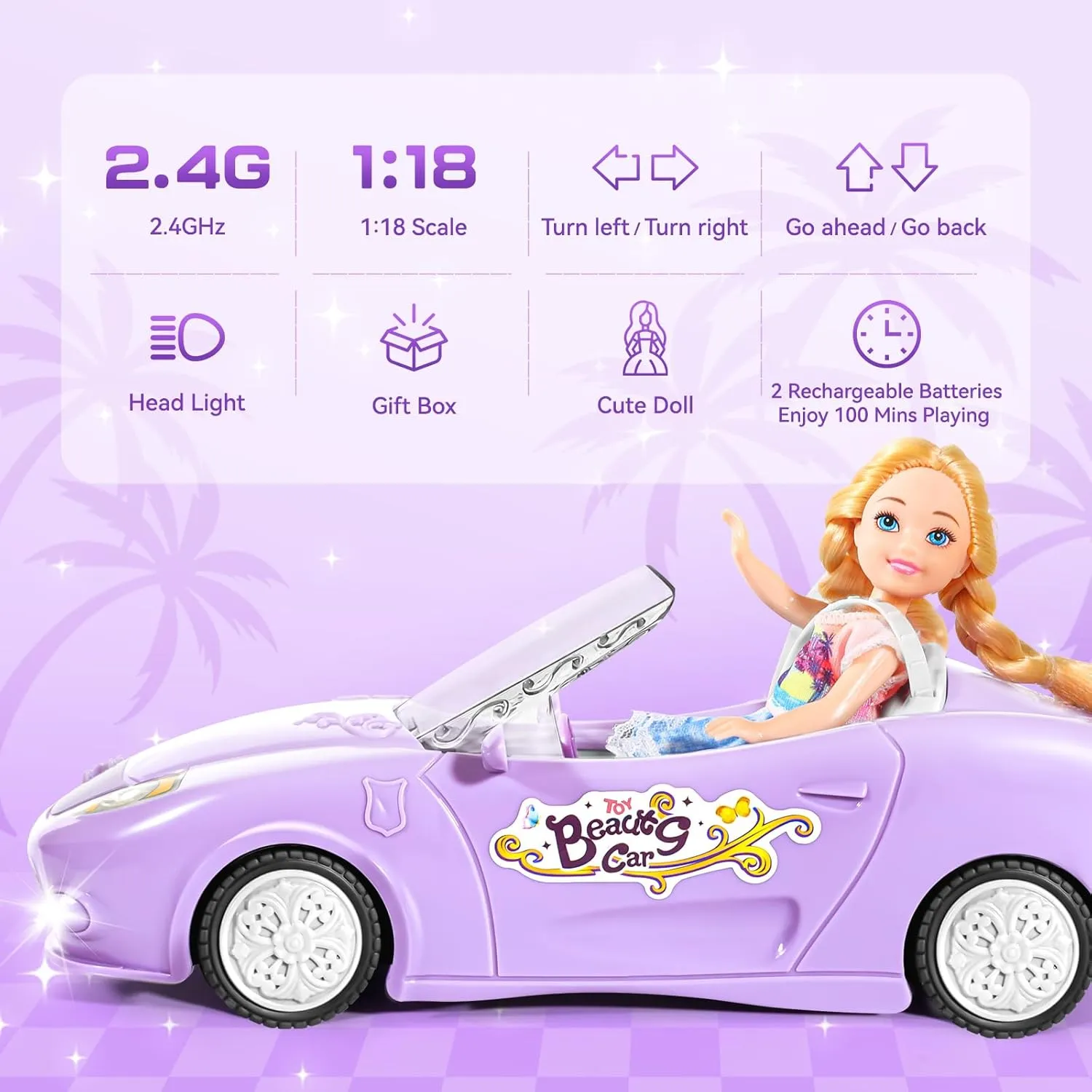 Purple Remote Control Car for Girls, 1:18 Scale RC Cars with LED Light, 2.4 GHZ Purple Truck Toy with 100 Min Long-Lasting Rechargeable Batteries, Gifts for Boys Girls Aged 4-7