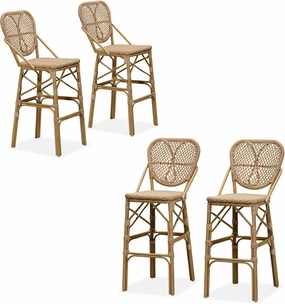 PURPLE LEAF French Bar Stools Set of 4 Patio Rattan Aluminum Bar Height Bamboo Pattern Finish Barstools with Back for Pool Garden Kitchen Island Outdoor Bar Chairs, Brown