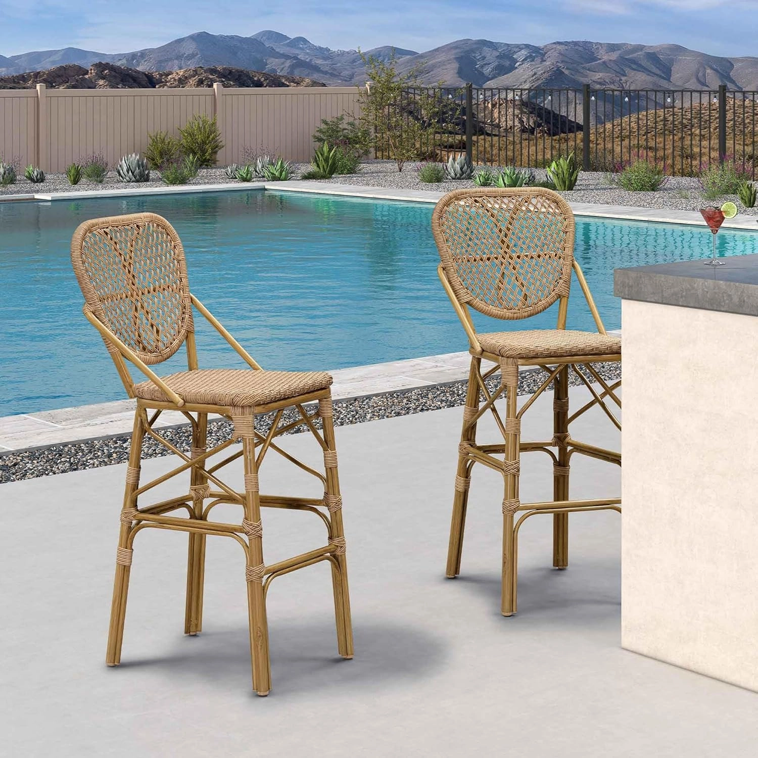 PURPLE LEAF French Bar Stools Set of 4 Patio Rattan Aluminum Bar Height Bamboo Pattern Finish Barstools with Back for Pool Garden Kitchen Island Outdoor Bar Chairs, Brown
