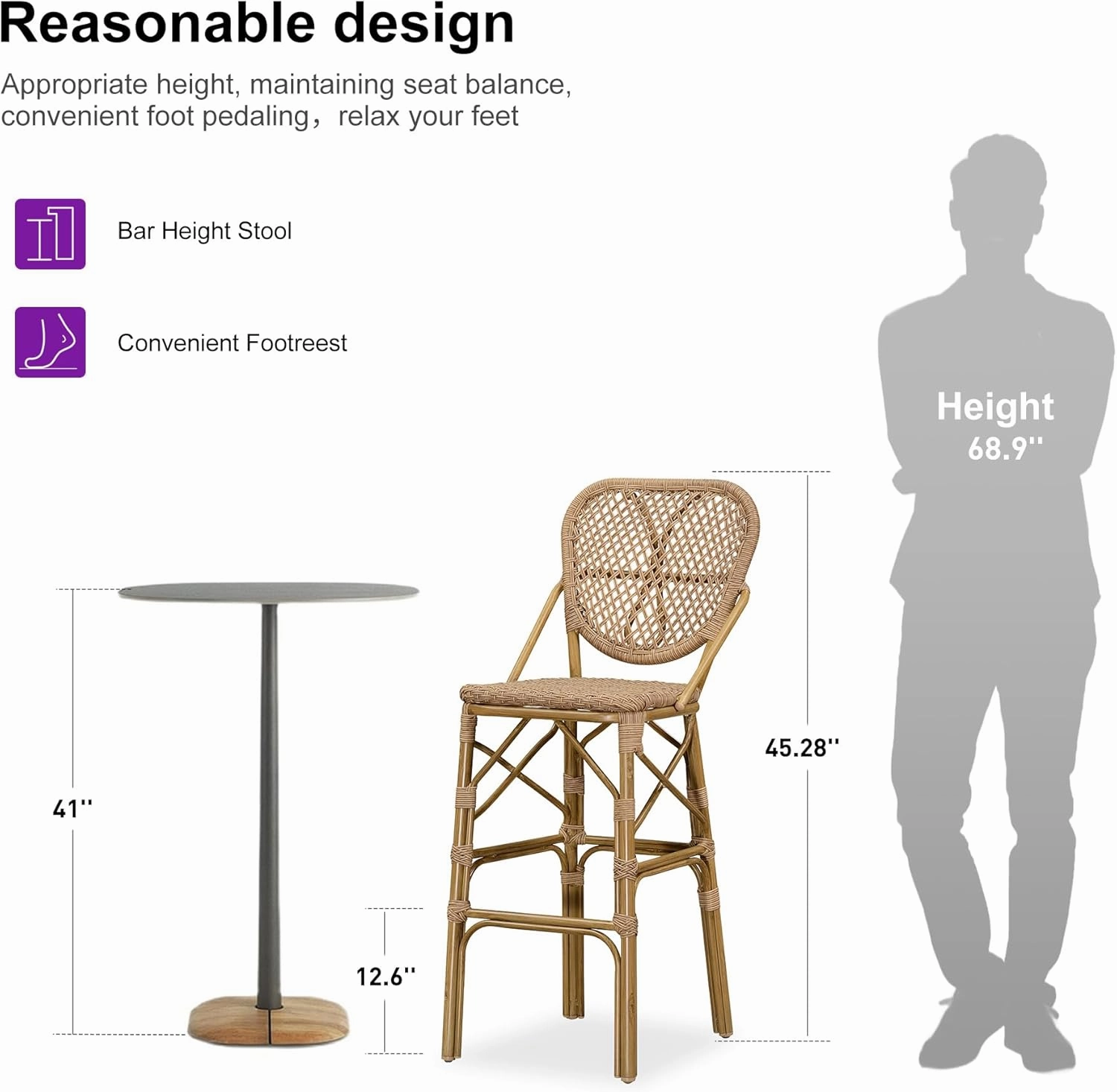 PURPLE LEAF French Bar Stools Set of 4 Patio Rattan Aluminum Bar Height Bamboo Pattern Finish Barstools with Back for Pool Garden Kitchen Island Outdoor Bar Chairs, Brown