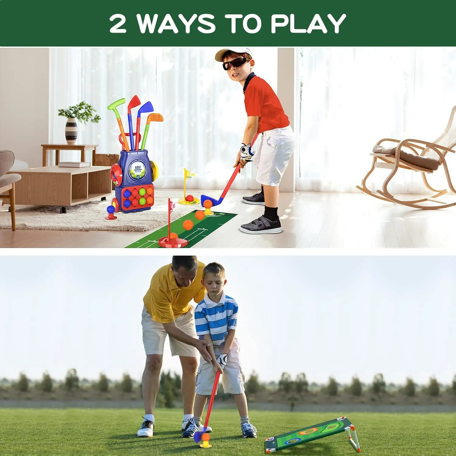 QDRAGON Kids Golf Clubs, 2 in 1 Toddler Golf Set with 8 Balls/Cornhole Board & Putting Mat/Golf Cart with Wheels, Indoor Outdoor Sport Toys Gifts for Boys Girls Ages 3 4 5 6 , Blue