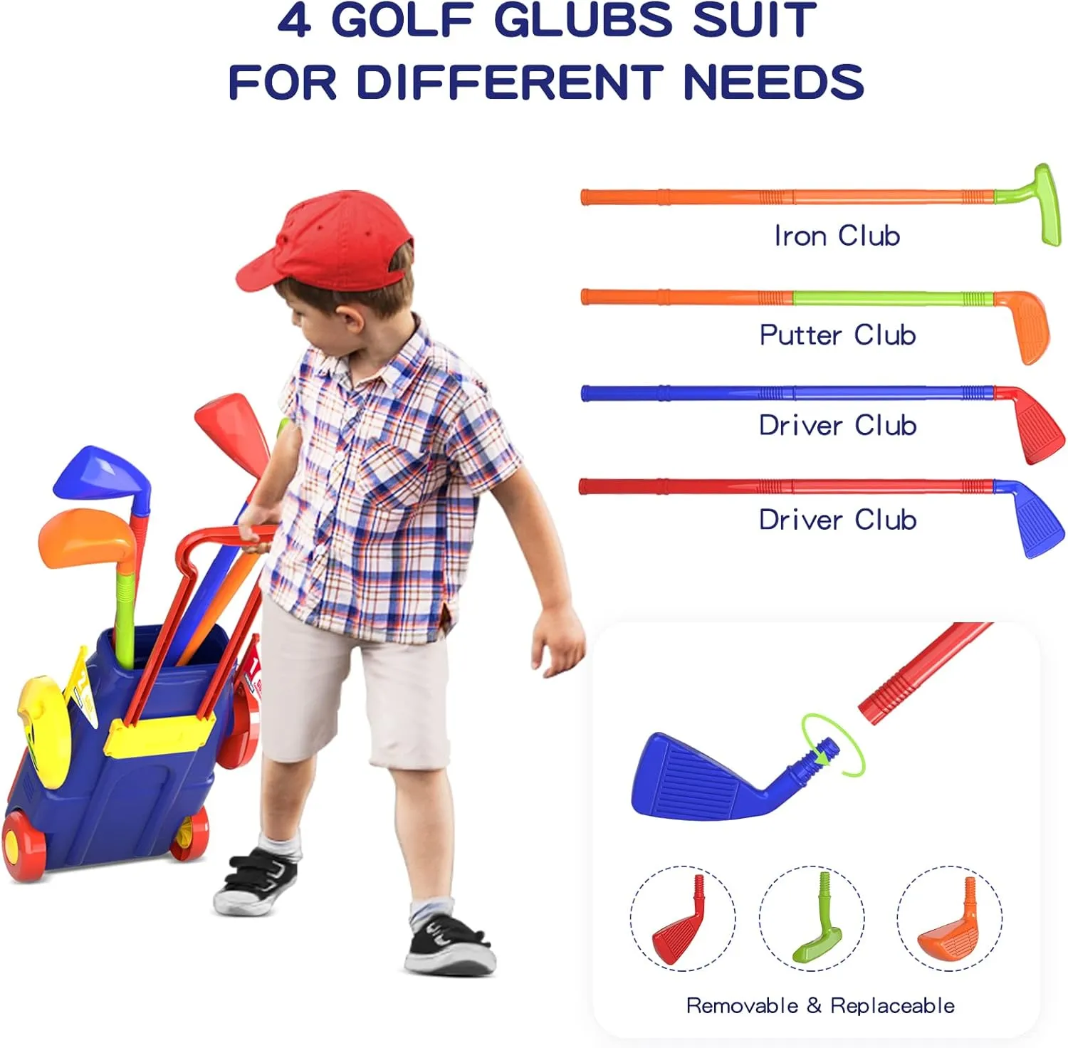 QDRAGON Kids Golf Clubs, 2 in 1 Toddler Golf Set with 8 Balls/Cornhole Board & Putting Mat/Golf Cart with Wheels, Indoor Outdoor Sport Toys Gifts for Boys Girls Ages 3 4 5 6 , Blue