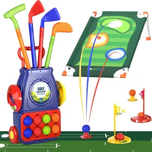QDRAGON Kids Golf Clubs, 2 in 1 Toddler Golf Set with 8 Balls/Cornhole Board & Putting Mat/Golf Cart with Wheels, Indoor Outdoor Sport Toys Gifts for Boys Girls Ages 3 4 5 6 , Blue