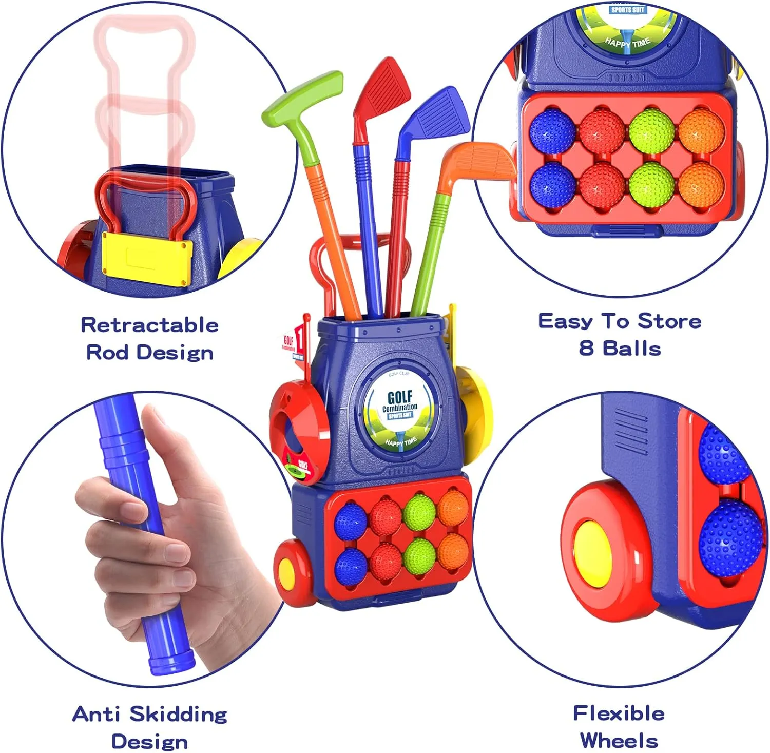 QDRAGON Kids Golf Clubs, 2 in 1 Toddler Golf Set with 8 Balls/Cornhole Board & Putting Mat/Golf Cart with Wheels, Indoor Outdoor Sport Toys Gifts for Boys Girls Ages 3 4 5 6 , Blue