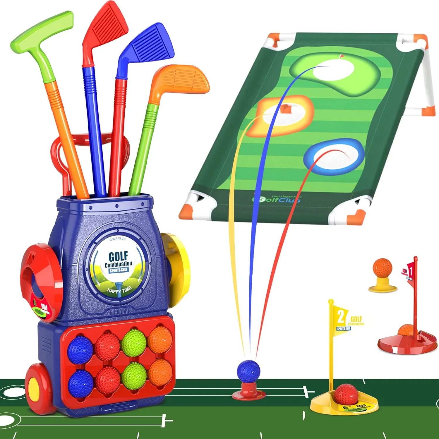 QDRAGON Kids Golf Clubs, 2 in 1 Toddler Golf Set with 8 Balls/Cornhole Board & Putting Mat/Golf Cart with Wheels, Indoor Outdoor Sport Toys Gifts for Boys Girls Ages 3 4 5 6 , Blue