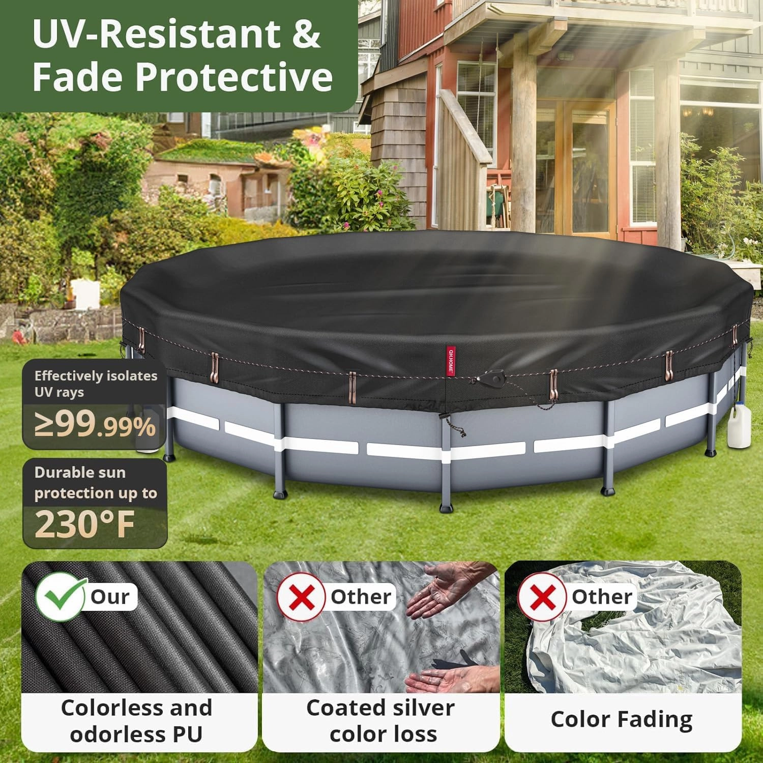 QH.HOME [2025 Upgraded Ultimate Windproof] 15 Ft Round Pool Cover with Fast Tightening Patented Ratchet,Swimming Pool Cover for Above Ground Pools [Durable, Tear Resistant] with Weight-Bearing Rings