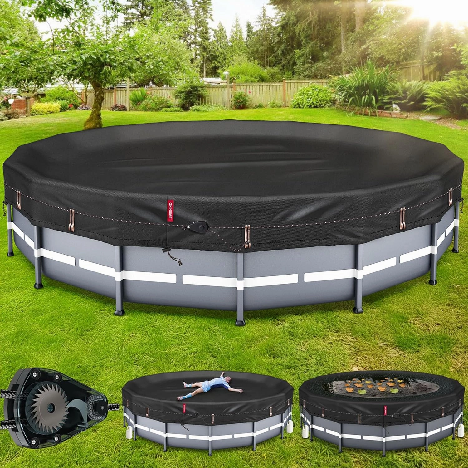 QH.HOME [2025 Upgraded Ultimate Windproof] 15 Ft Round Pool Cover with Fast Tightening Patented Ratchet,Swimming Pool Cover for Above Ground Pools [Durable, Tear Resistant] with Weight-Bearing Rings