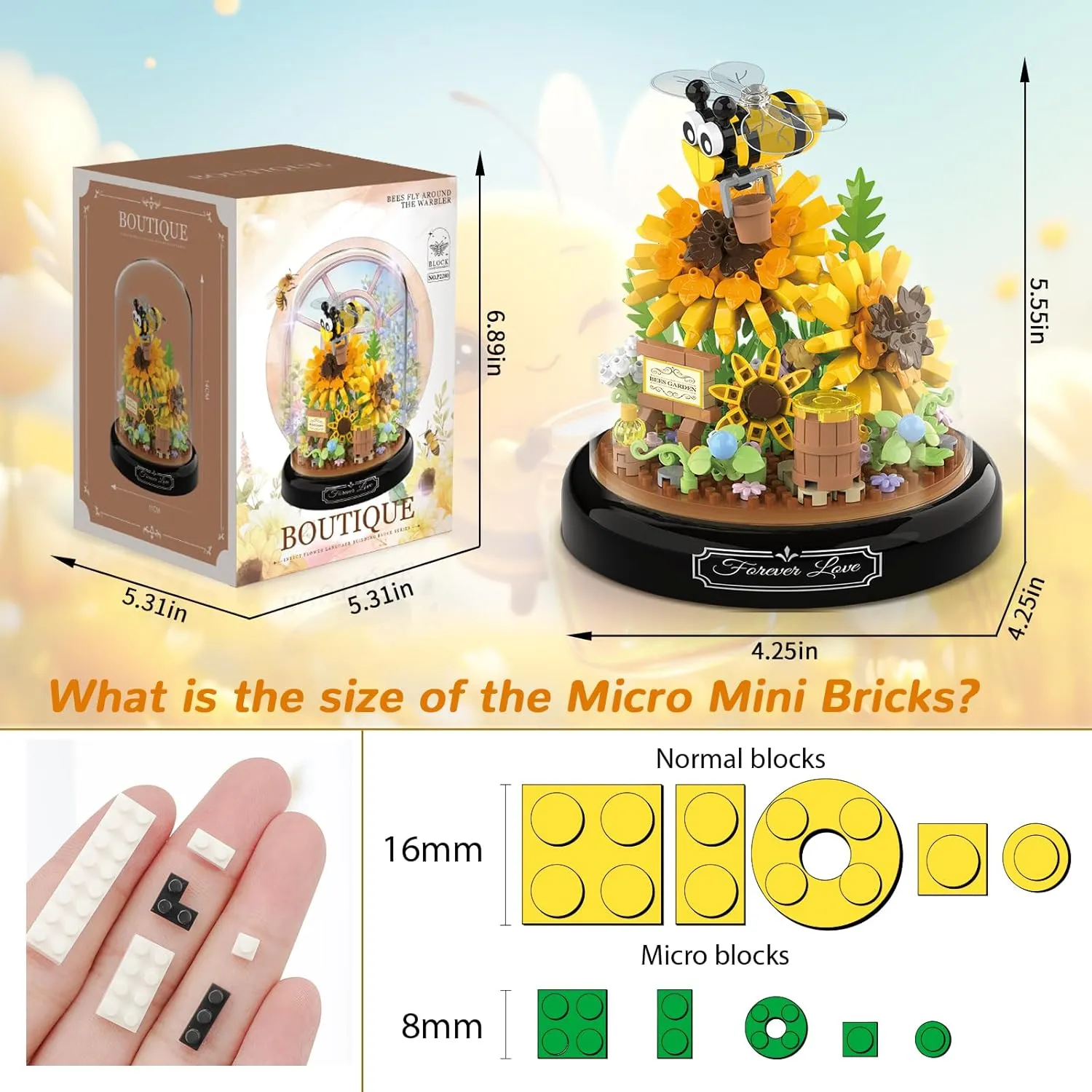 QLT QIAOLETONG Flower Bouquet Building Sets, Animals Flowers Botanical Collection 548 PCS Mini Bricks Building Blocks Toy for Adults, Valentine's Day for Her (Bee)