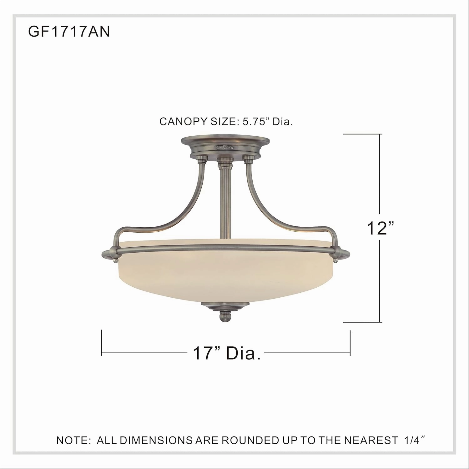 Quoizel Griffin Semi-Flush Mount Ceiling Light, 17 Inch 3-Light Antique Nickel Opal-Etched Frosted Glass Shade, Hanging Light Fixture for Hallway, Kitchen, Bedroom, Dining, Farmhouse or Office