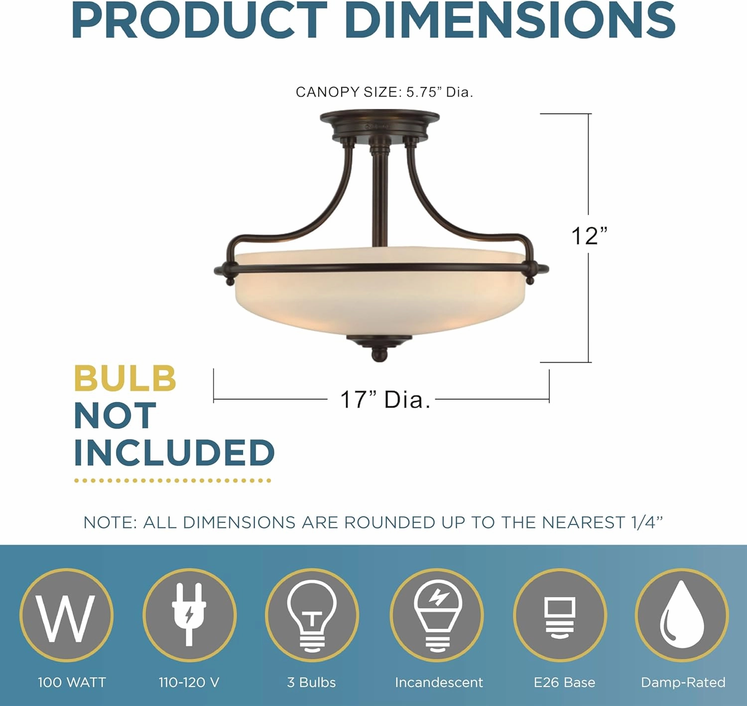 Quoizel Griffin Semi-Flush Mount Ceiling Light, 17 Inch 3-Light Palladian Bronze Opal-Etched Frosted Glass Shade, Hanging Light Fixture for Hallway, Kitchen, Bedroom, Dining, Farmhouse or Office
