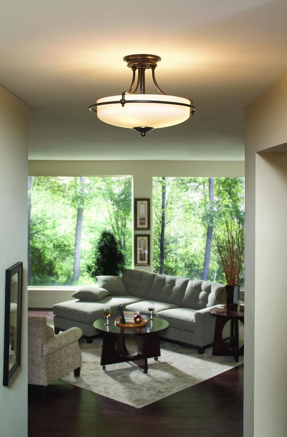 Quoizel Griffin Semi-Flush Mount Ceiling Light, 17 Inch 3-Light Palladian Bronze Opal-Etched Frosted Glass Shade, Hanging Light Fixture for Hallway, Kitchen, Bedroom, Dining, Farmhouse or Office