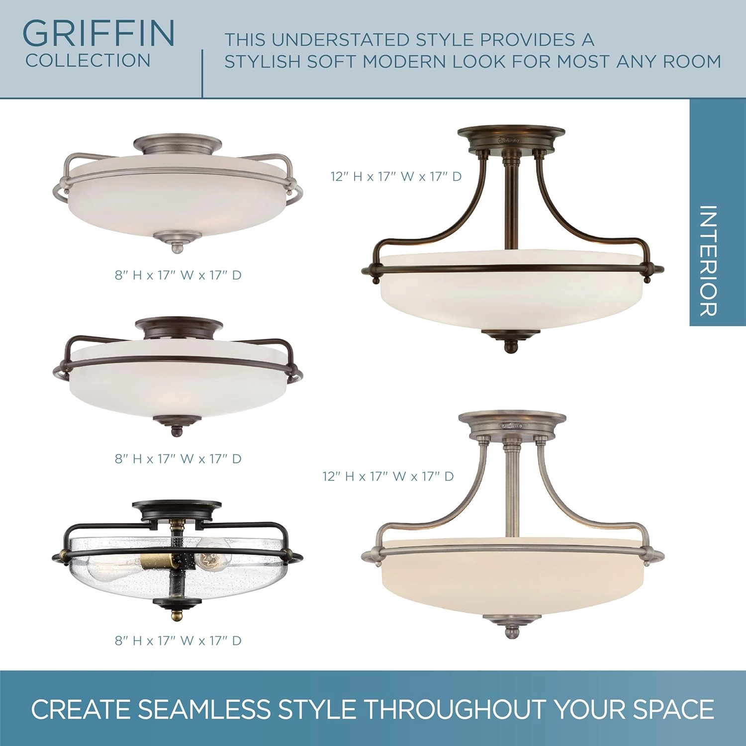 Quoizel Griffin Semi-Flush Mount Ceiling Light, 17 Inch 3-Light Palladian Bronze Opal-Etched Frosted Glass Shade, Hanging Light Fixture for Hallway, Kitchen, Bedroom, Dining, Farmhouse or Office