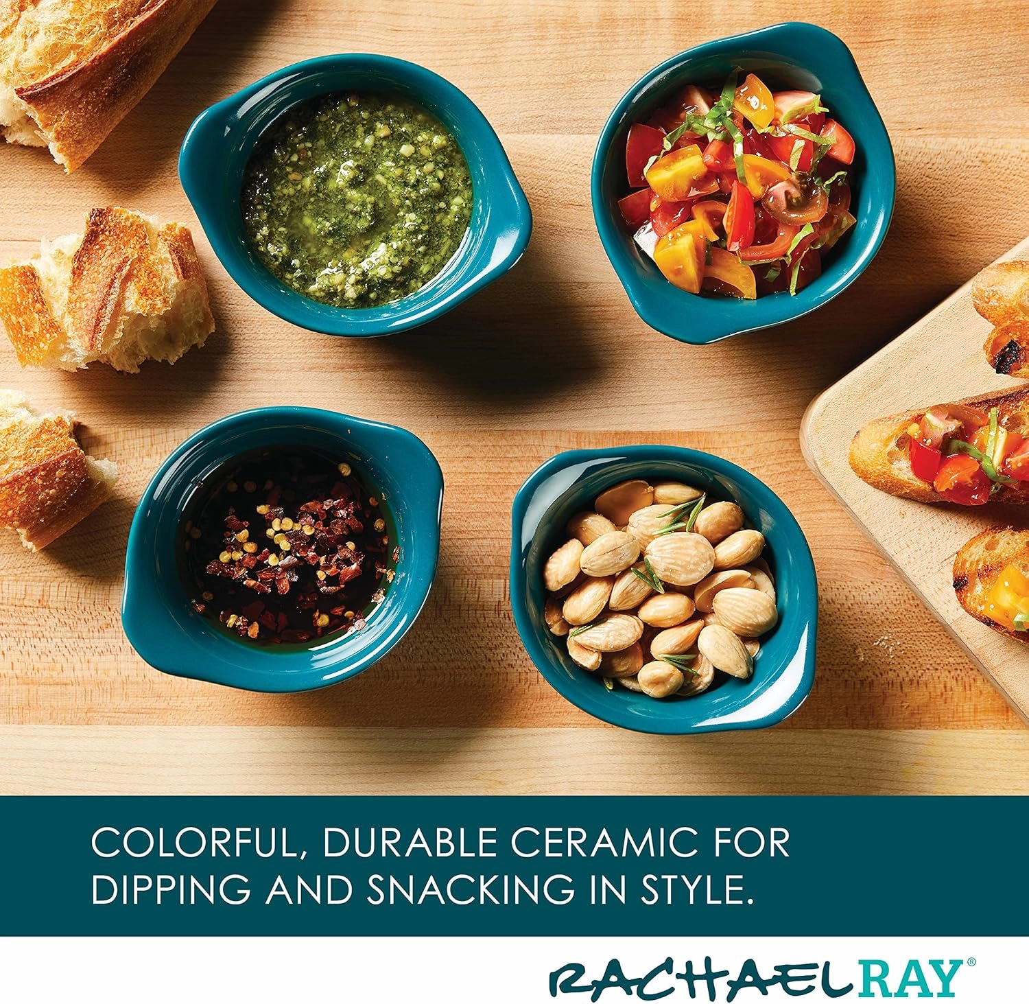 Rachael Ray Solid Glaze Ceramics Round Ramekins/Dipping Cup Set, 4 Piece, Teal
