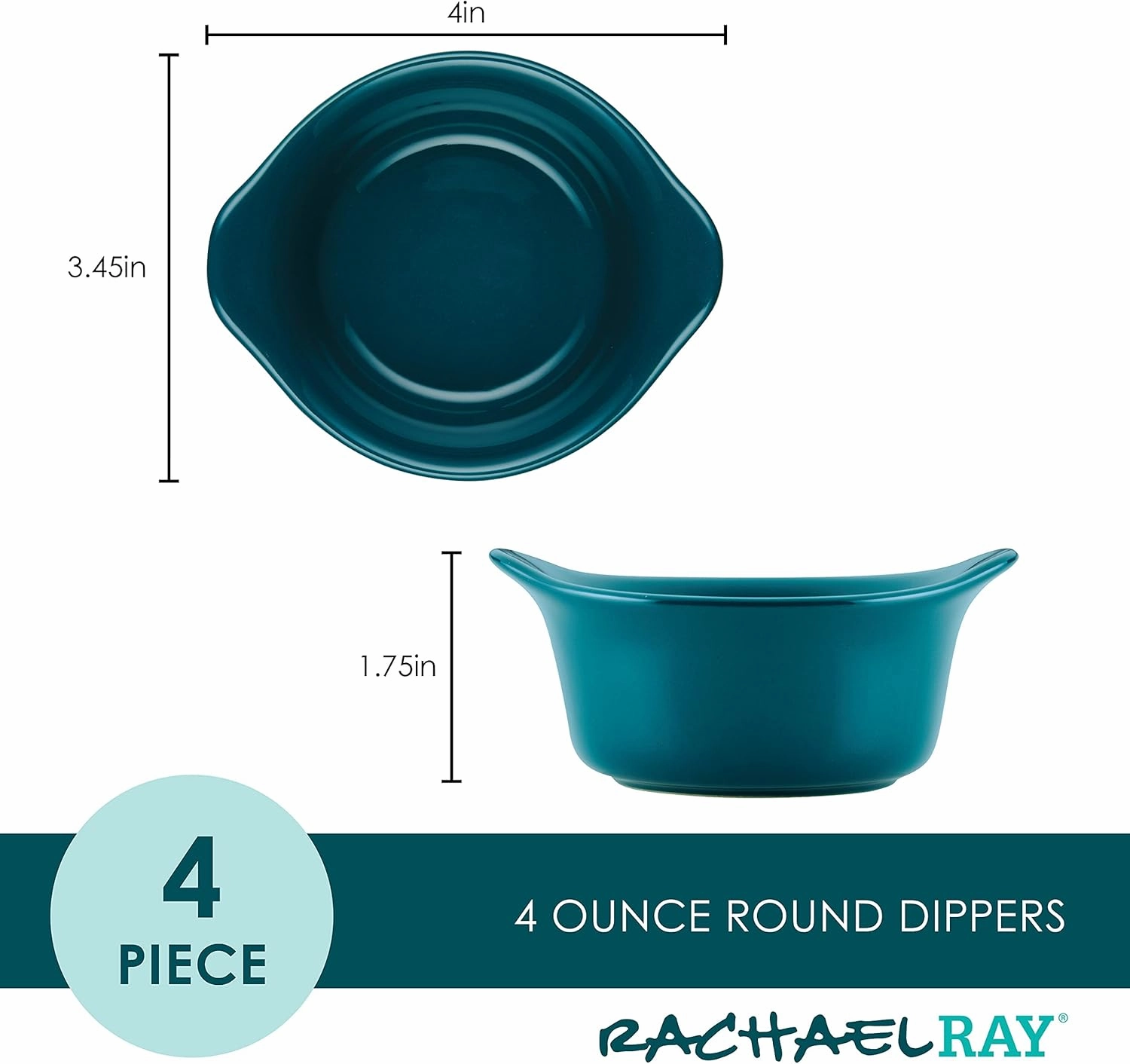 Rachael Ray Solid Glaze Ceramics Round Ramekins/Dipping Cup Set, 4 Piece, Teal