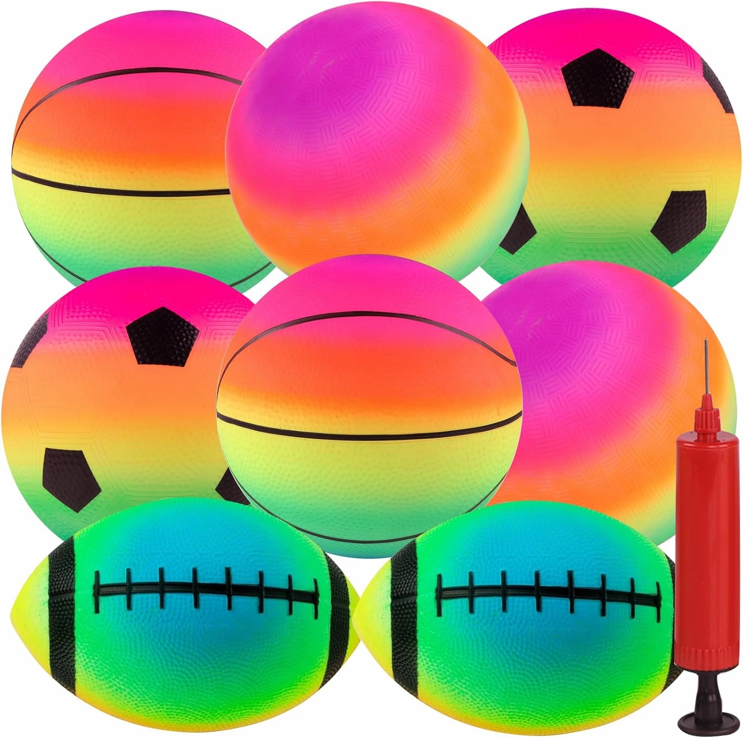 Rainbow Sports Balls, 8 Pack 8.5" Bounce Playground Balls Soccer Basketball Football Sports Rubber Kick Balls for Indoor Outdoor Activities