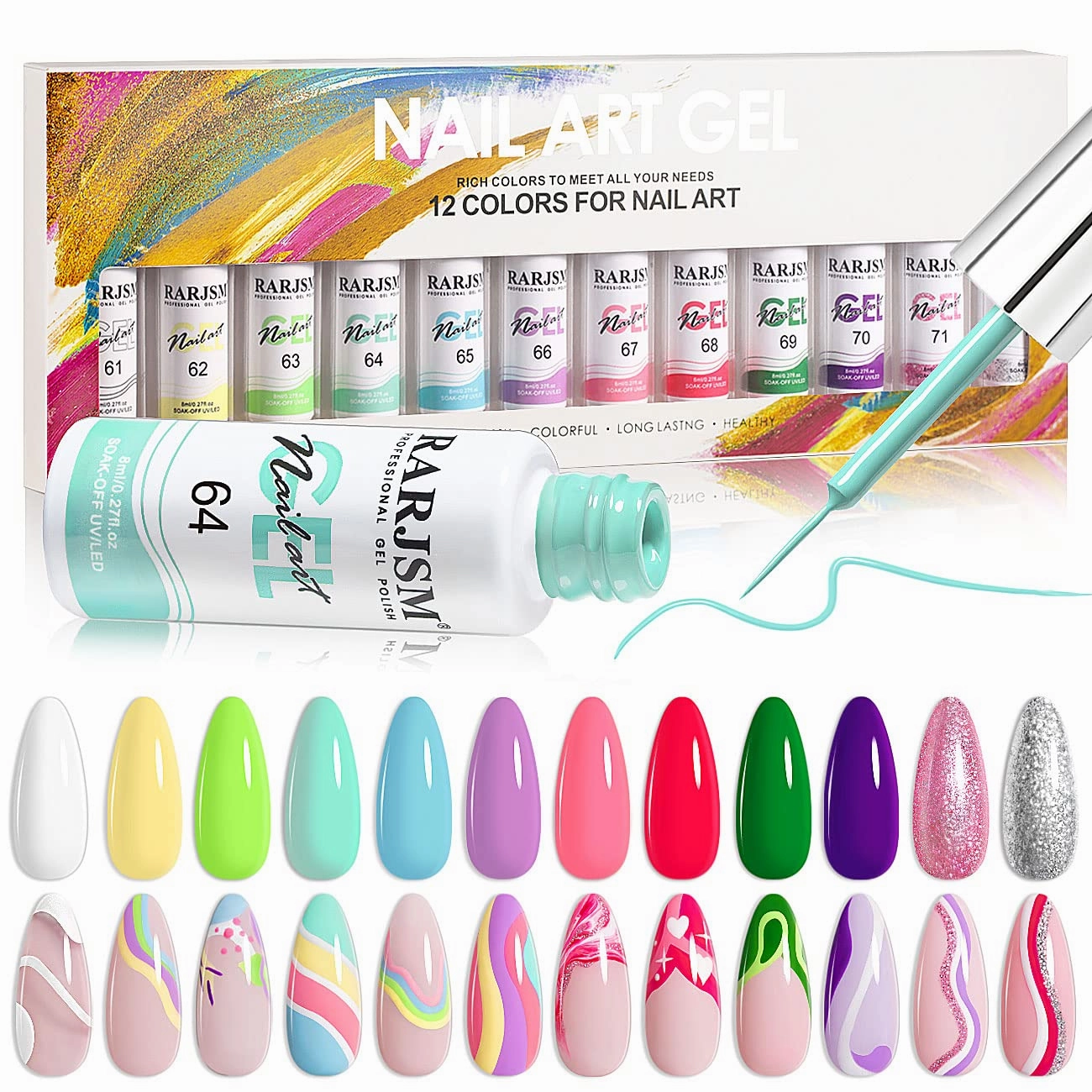 RARJSM Gel Liner Nail Art, Cotton Candy Collection Painting Gelpolish Set Wire Painting Drawing Gel for Nailart Design White Yellow Blue Purple Red Colors