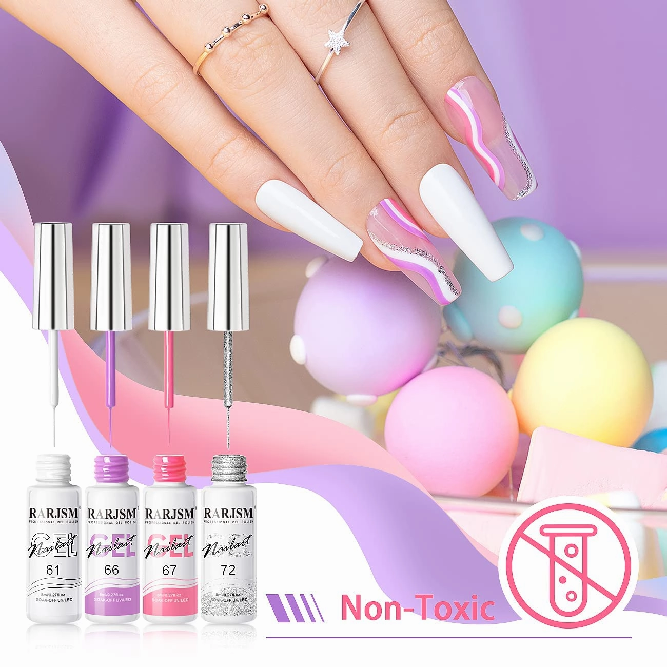 RARJSM Gel Liner Nail Art, Cotton Candy Collection Painting Gelpolish Set Wire Painting Drawing Gel for Nailart Design White Yellow Blue Purple Red Colors