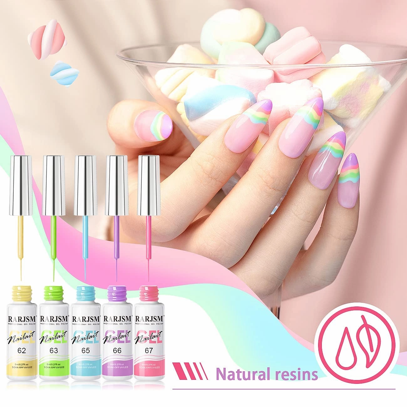 RARJSM Gel Liner Nail Art, Cotton Candy Collection Painting Gelpolish Set Wire Painting Drawing Gel for Nailart Design White Yellow Blue Purple Red Colors