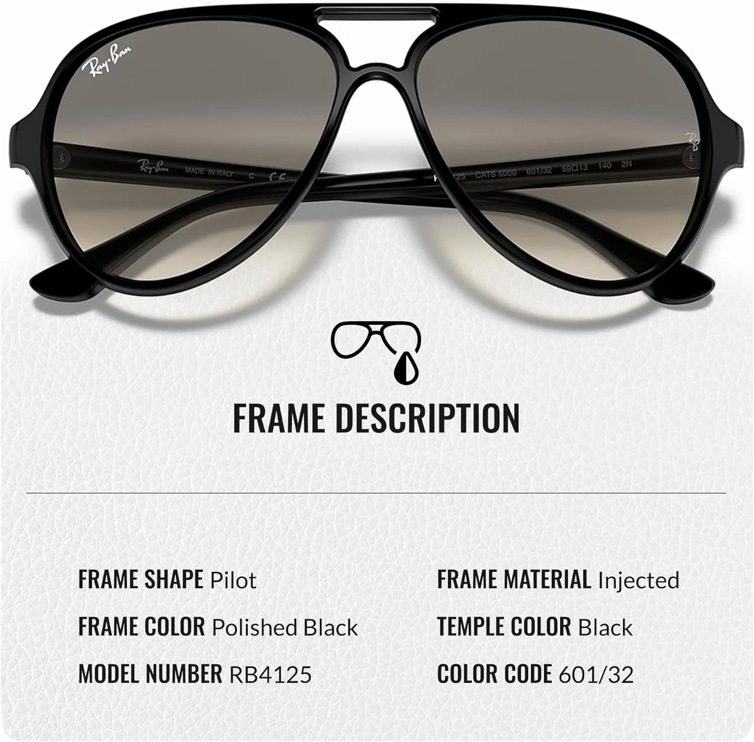 Ray-Ban RB4125 CATS 5000 Classic Pilot Shape Sunglasses for Men & Women With Eyewear Kit Bundle - Classic Sun Glasses