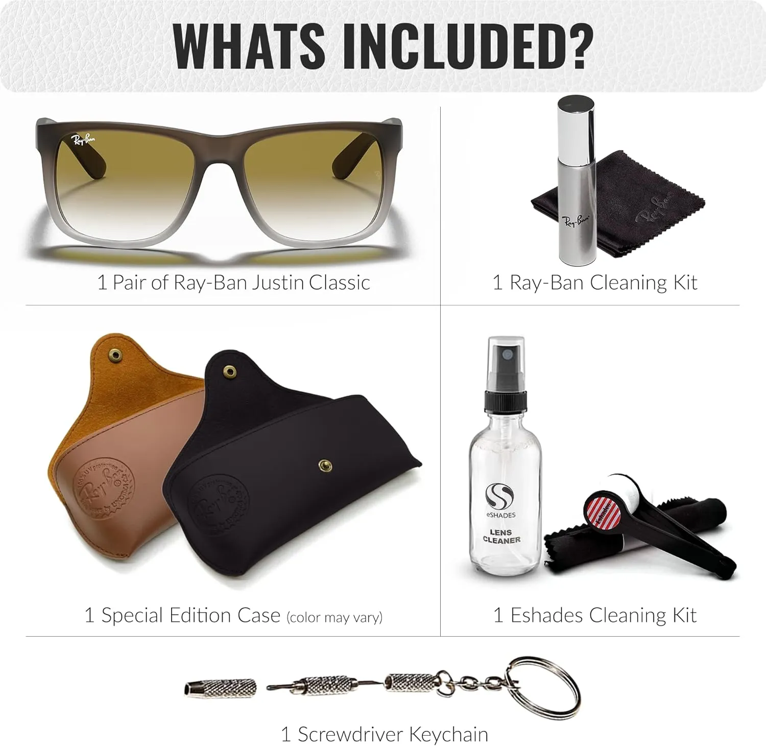 Ray-Ban RB4165 JUSTIN Classic Square Shape Sunglasses With Eyewear Kit Bundle - High Bridge Fit - Square Sunglasses