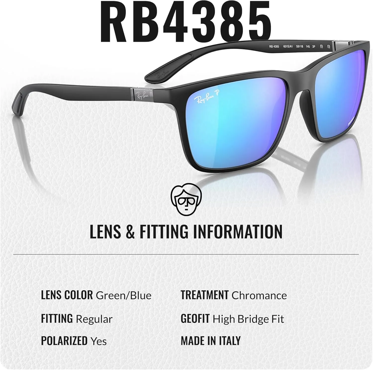 Ray-Ban RB4385 Polarized Rectangle Sunglasses for Men & Women With Eyewear Kit Bundle - Classic Sun Glasses