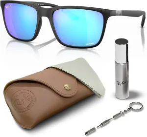 Ray-Ban RB4385 Polarized Rectangle Sunglasses for Men & Women With Eyewear Kit Bundle - Classic Sun Glasses