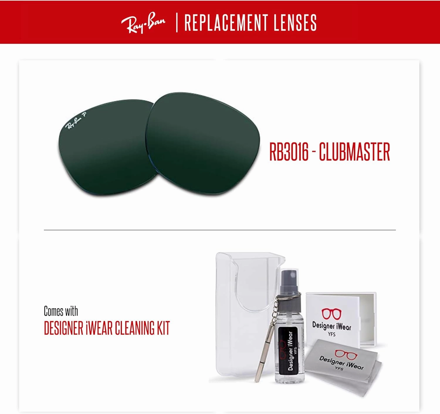Ray-Ban Original CLUBMASTER RB3016 Polarized Replacement Lenses   BUNDLE with Designer iWear Kit