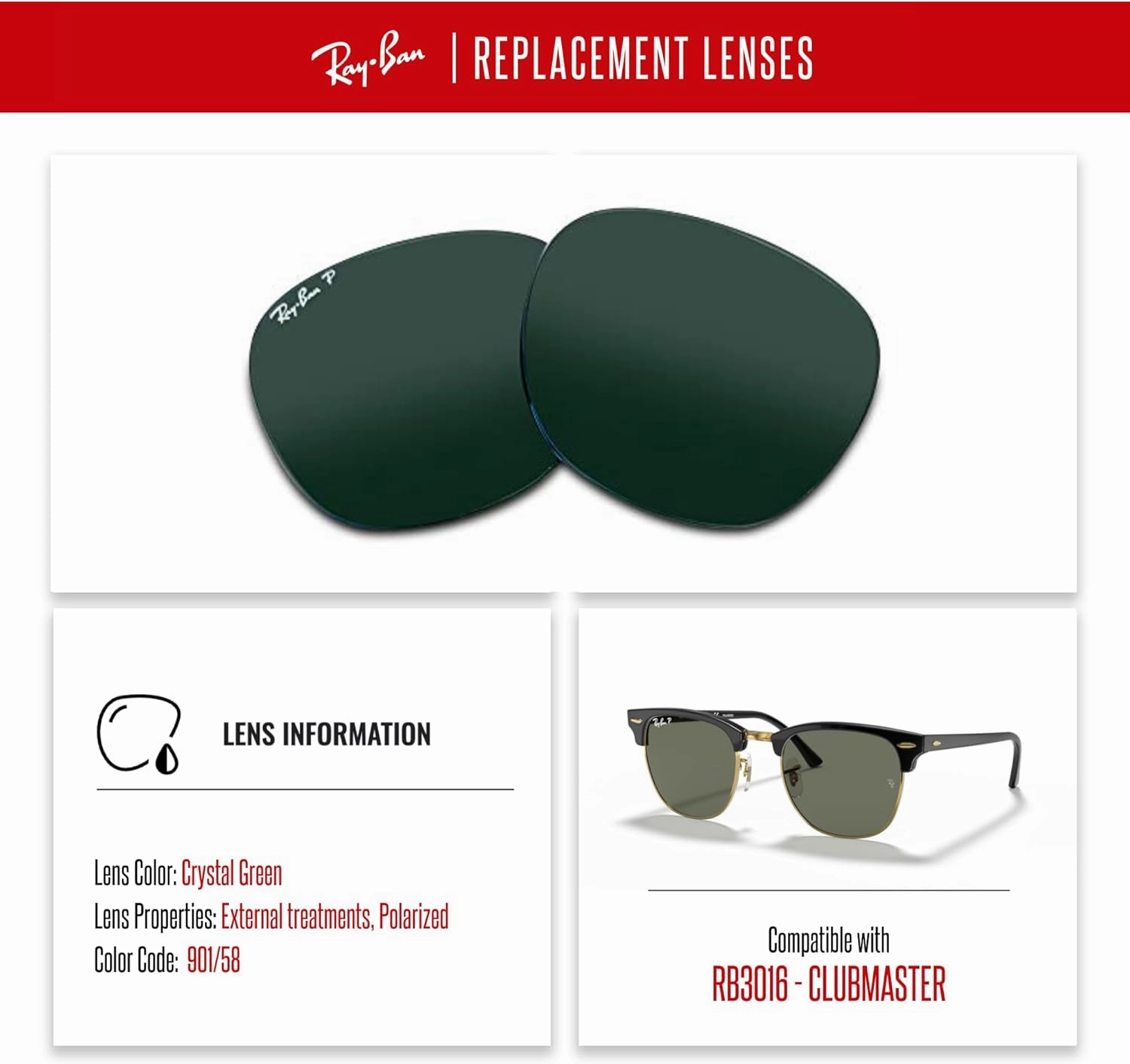 Ray-Ban Original CLUBMASTER RB3016 Polarized Replacement Lenses   BUNDLE with Designer iWear Kit