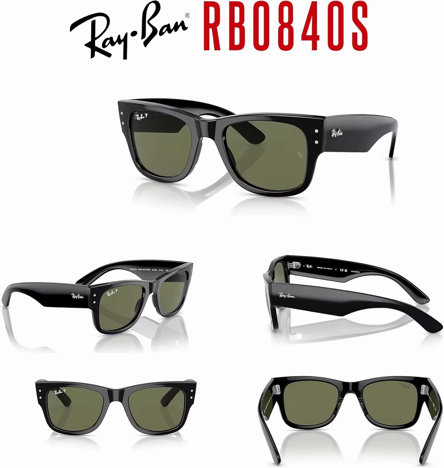 Ray-Ban RB0840S Mega Wayfarer Square Sunglasses for Men for Women   BUNDLE With Designer iWear Cleaning Kit