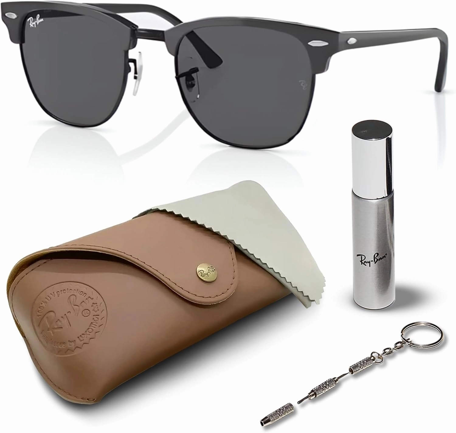 Ray-Ban RB3016 Clubmaster Classic Square Shape Sunglasses With Eyewear Kit Bundle - High Bridge Fit -Casual Square Sunglasses