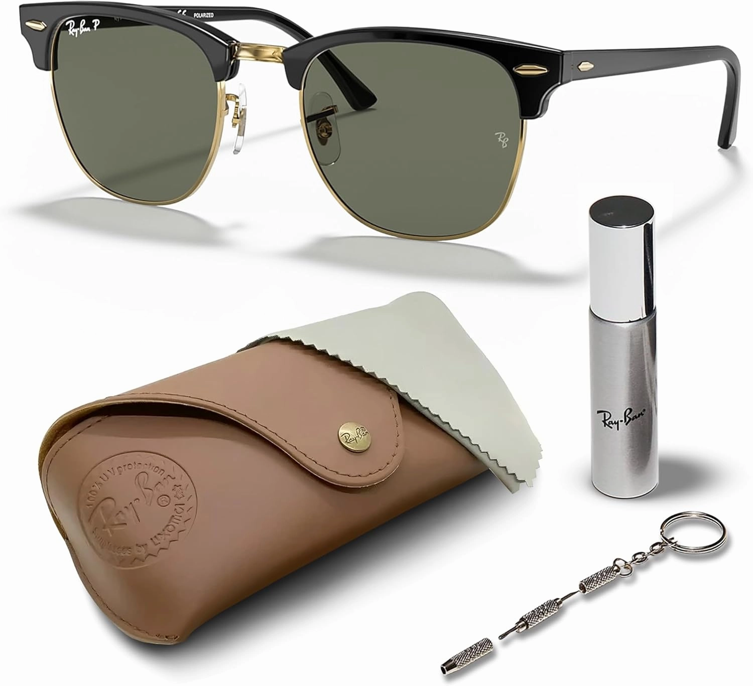 Ray-Ban RB3016 Clubmaster Classic Square Shape Sunglasses With Eyewear Kit Bundle - High Bridge Fit -Casual Square Sunglasses