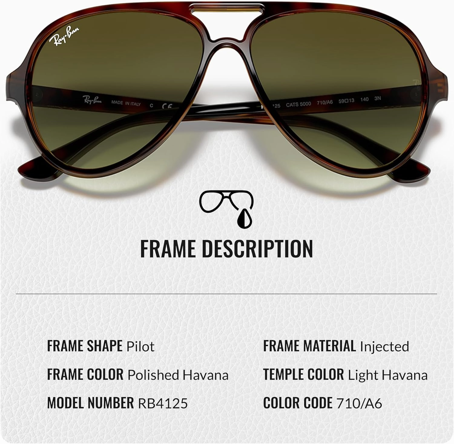 Ray-Ban RB4125 CATS 5000 Classic Pilot Shape Sunglasses for Men & Women With Eyewear Kit Bundle - Classic Sun Glasses