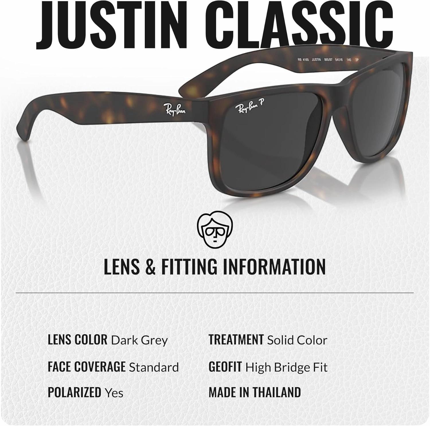 Ray-Ban RB4165 JUSTIN Classic Square Shape Sunglasses With Eyewear Kit Bundle - High Bridge Fit - Square Sunglasses