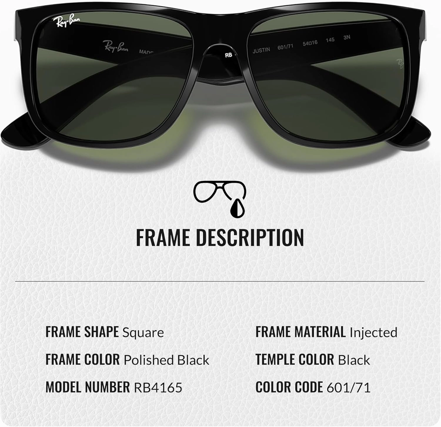 Ray-Ban RB4165 JUSTIN Classic Square Shape Sunglasses With Eyewear Kit Bundle - High Bridge Fit - Square Sunglasses