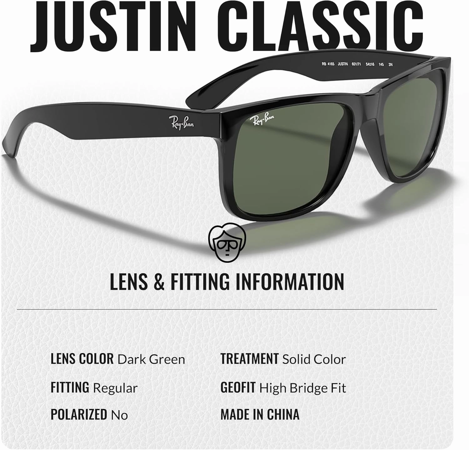 Ray-Ban RB4165 JUSTIN Classic Square Shape Sunglasses With Eyewear Kit Bundle - High Bridge Fit - Square Sunglasses