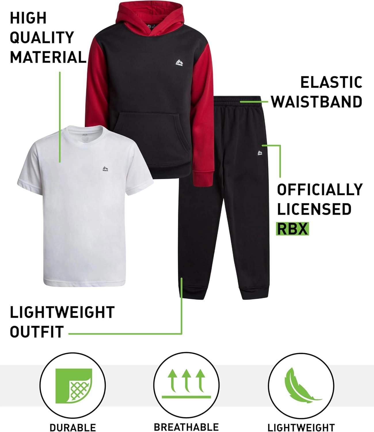 RBX Boys Active Jogger Set - 3 Piece Performance Fleece Sweatshirt, Jogger Sweatpants, T-Shirt - Activewear for Boys (2T-12)